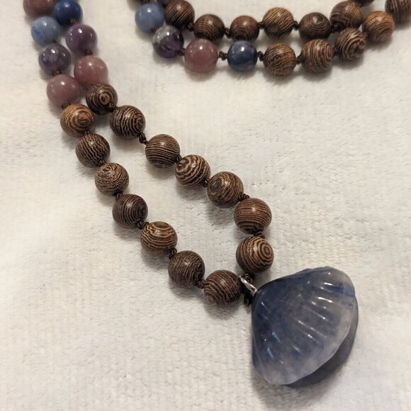 Swanky Stitches Jewelry - Handmade 108 bead mala Wenge wood, Strawberry Quartz, Amethyst, Blue Aventurine